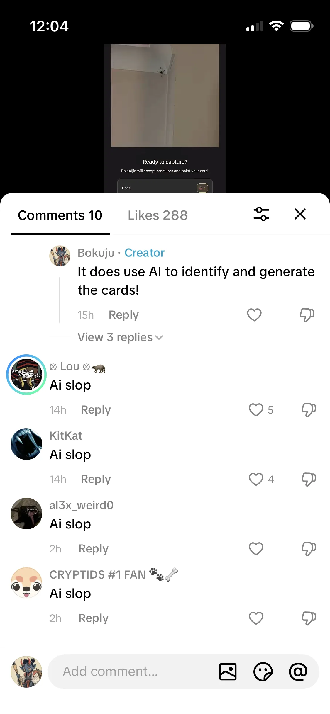 TikTok comments calling Bokuju AI slop